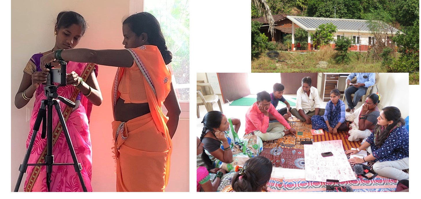 Three pictures, one showing women looking at a video camera, one showing a building in countryside with solar panels on roof and one with a group of people sitting in a circle on the floor of a room.