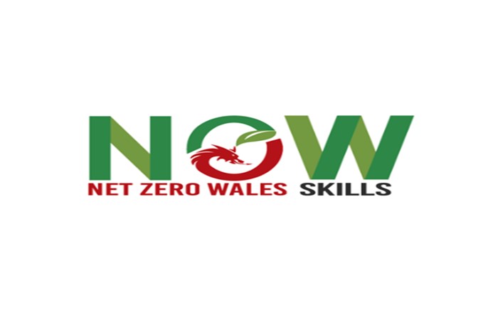 The NOW Net Zero Wales Skills logo is green with the ‘O’ in NOW incorporating a red Welsh dragon and green leaf. 