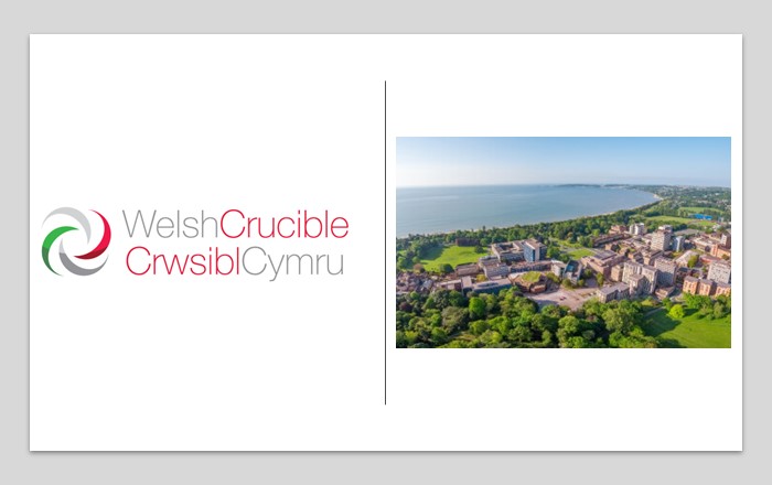 Welsh Crucible logo alongside an aerial picture of university campus