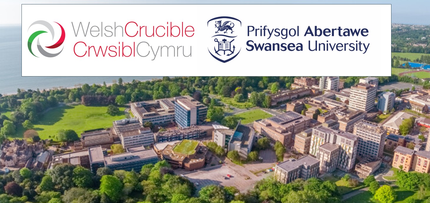 Welsh Crucible and Swansea University logos above an aerial picture of university campus