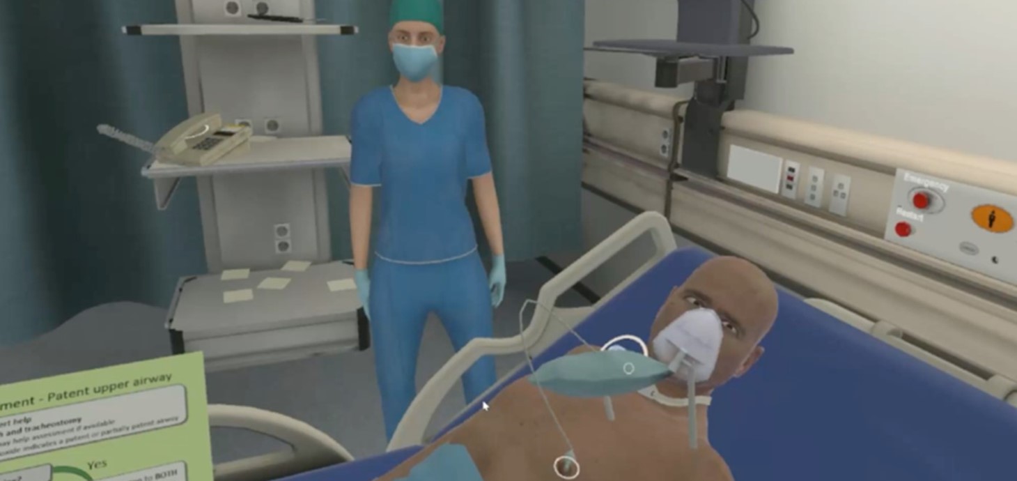 Virtual reality image of healthcare professional with a patient lying in a hospital bed.
