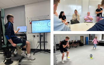 A collage of photos from the event, showing students using specialised equipment and one of the Q&A with Siwan Lillicrap.