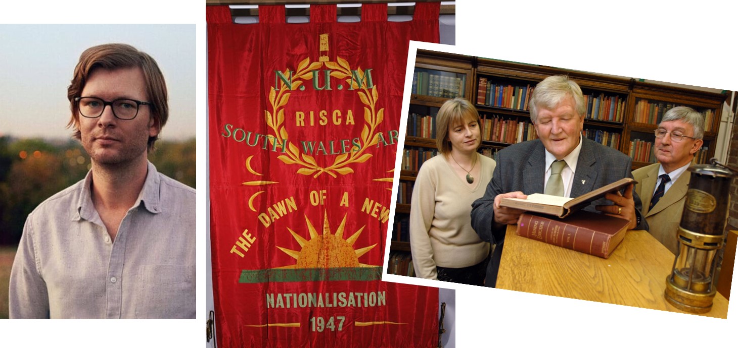 Three images, one head and shoulders of man standing outside, one of a decorated banner and one of three people standing in a library looking at a book