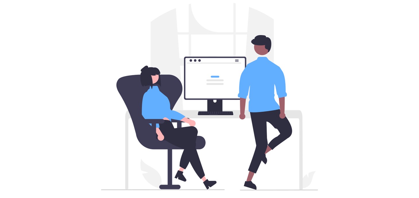 A digital illustration of two people in an office.