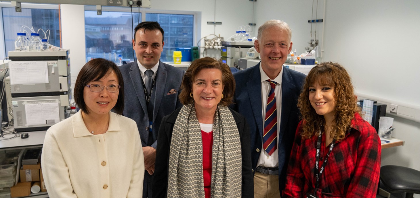Pictured clockwise from top left: Dr Mohsen Ali Asgari, Prof William Griffiths, Dr Manuela Pacciarini, Eluned Morgan, Minister for Health and Social Services, Prof Yuqin Wang. 