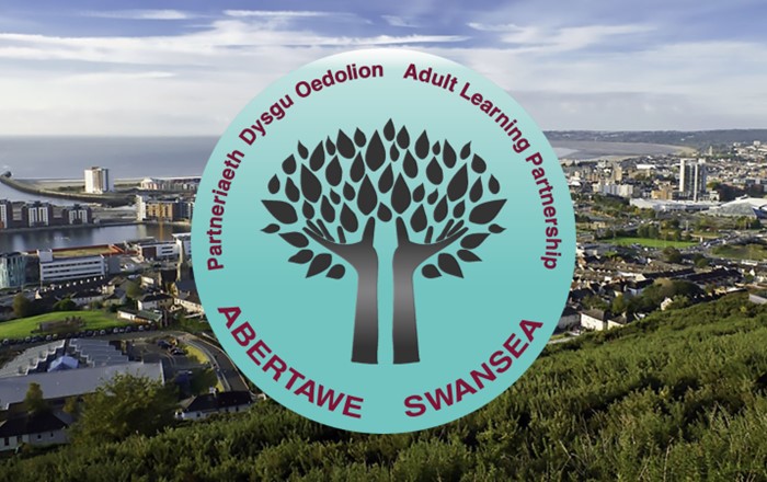 The Adult Learning Partnership Swansea logo with a photo of Swansea in the background.