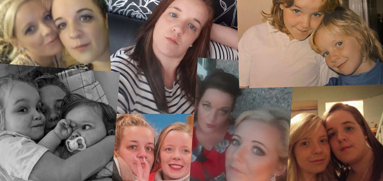 A collage of photos of Catherine and Emily, including one with Emily’s children, Roxanna and Sapphire.