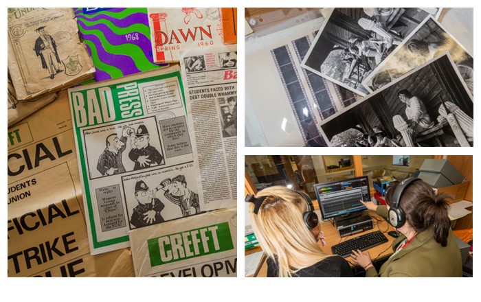 Montage of three photos, one showing old magazine front pages, another showing a collection of old black and white photos and the third two women wearing headphones looking at a computer