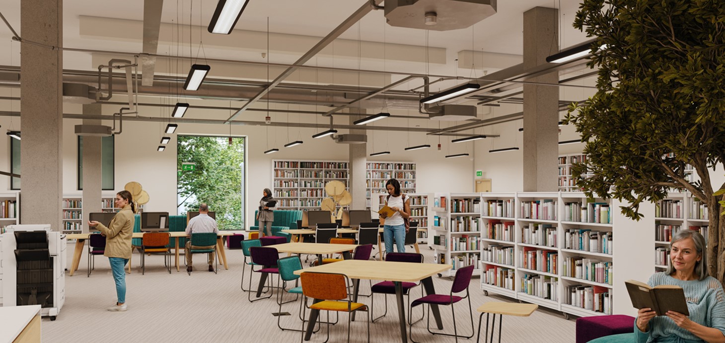 CGI image of people inside a library