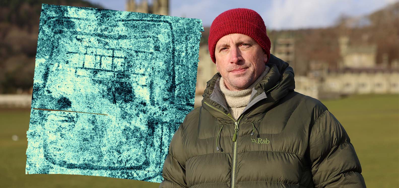 Man wearing cold weather clothing alongside an image of a map
