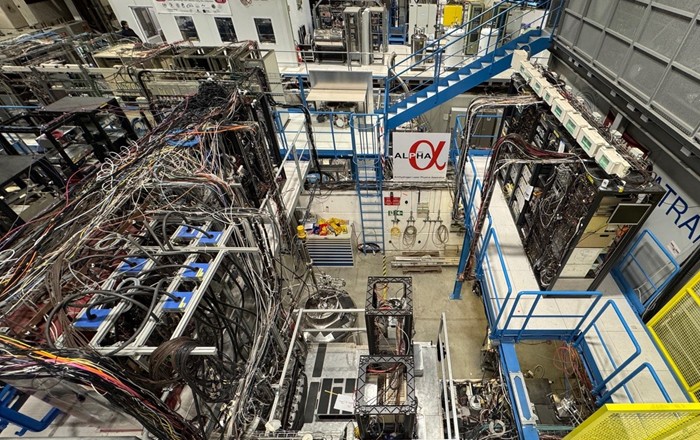 Photograph looking down on a room full of scientific equipment.
