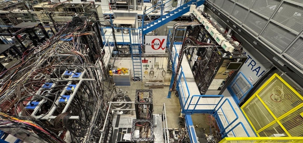 Photograph looking down on a room full of scientific equipment.
