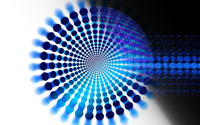 Graphic image of dots in a circle with binery code.