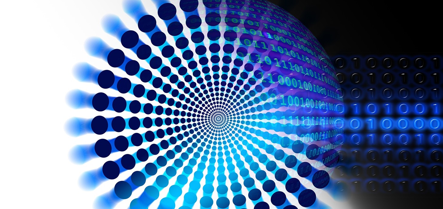 Graphic image of dots in a circle with binery code.