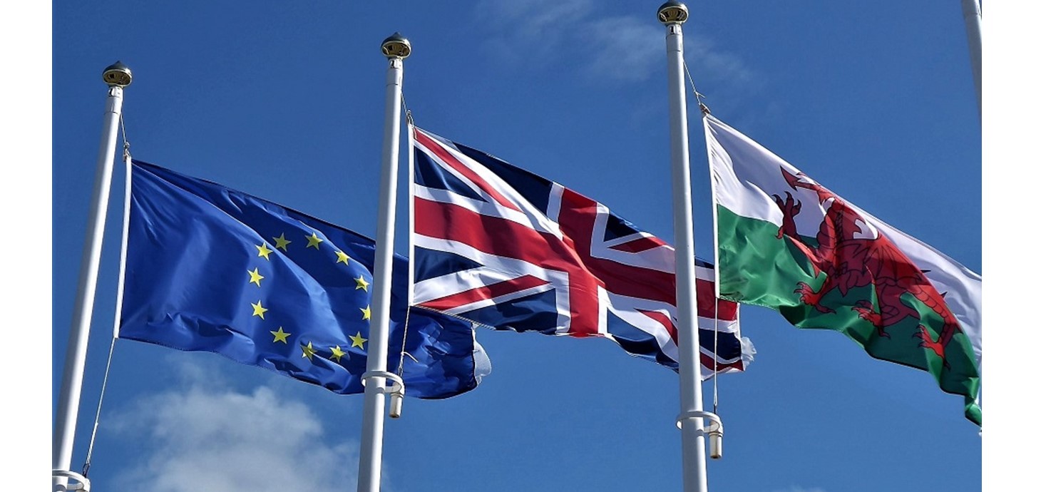 EU, UK and Wales flags