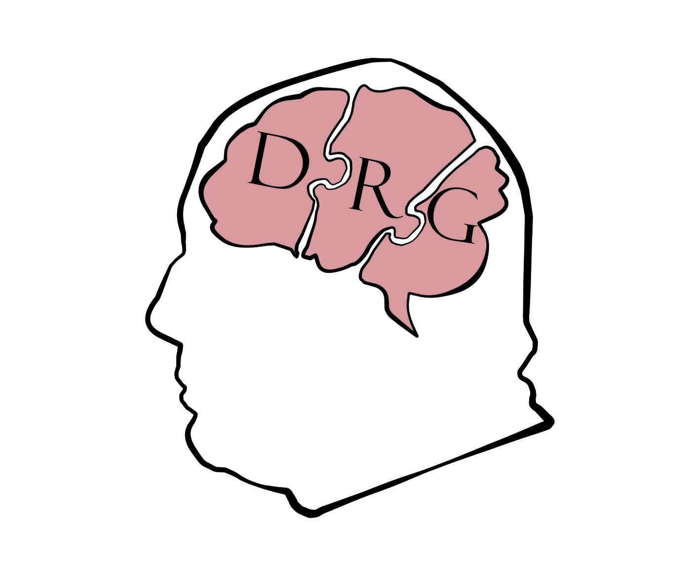 Abstract image of a face and head containing a brain with the letters DRG in separate pieces