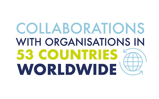 Infographic saying collaborations with organisations in 53 countries worldwide
