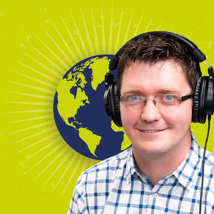 Ian Mabbett with headphones on podcast logo