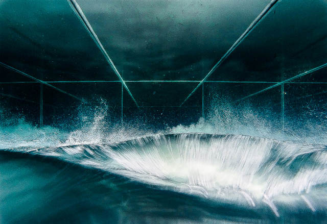 A wave of water inside a room