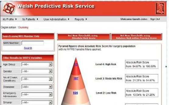 Screen grab of Welsh Predictive Risk Service Screen