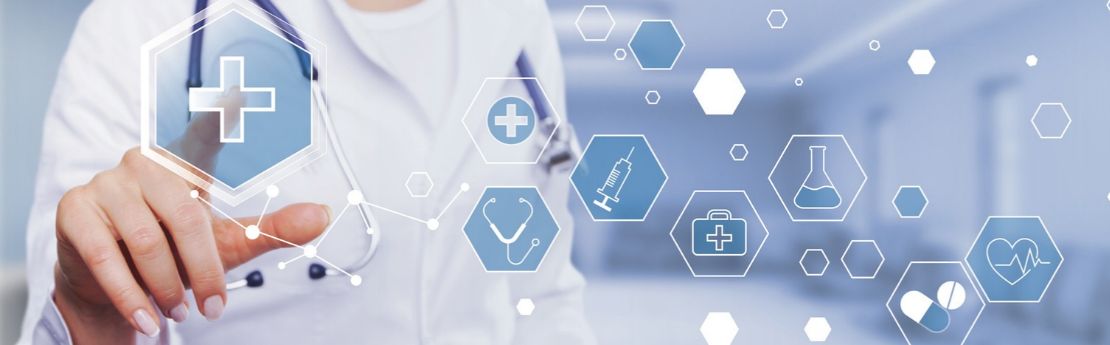 A female doctor with their hand on a digital screen with different icons representing health and data