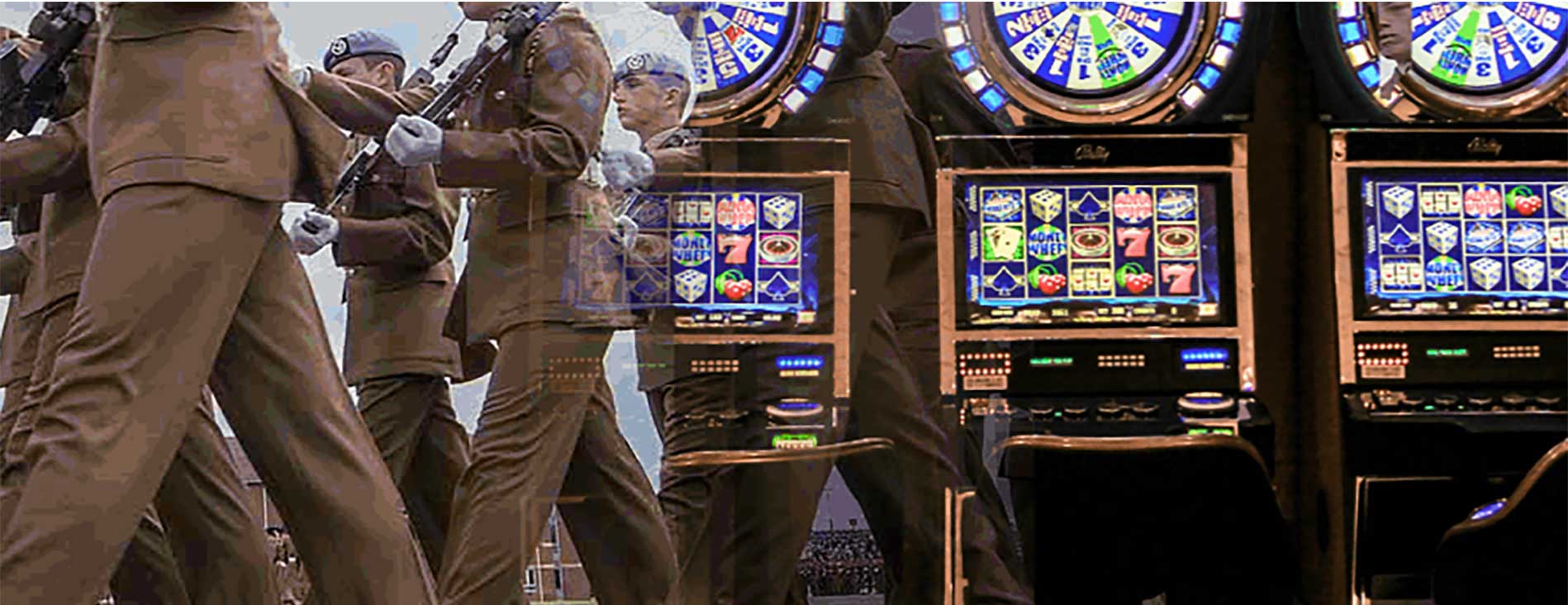 veterans walking blended with image of slot machines