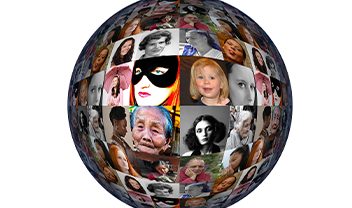 A sphere covered with photographs of women