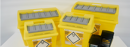 Yellow medical sharps bins. Sharpsafe range by Vernacare. Designed and manufactured in collaboration with ASTUTE 2020+ and WRAP Cymru