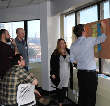 Group of people mind mapping on white board