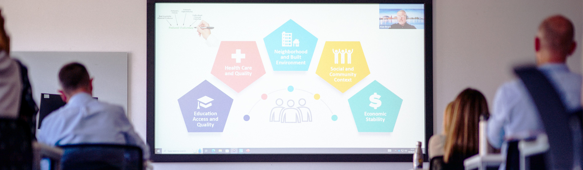 A whiteboard with someone presenting virtually on in front of a room of people