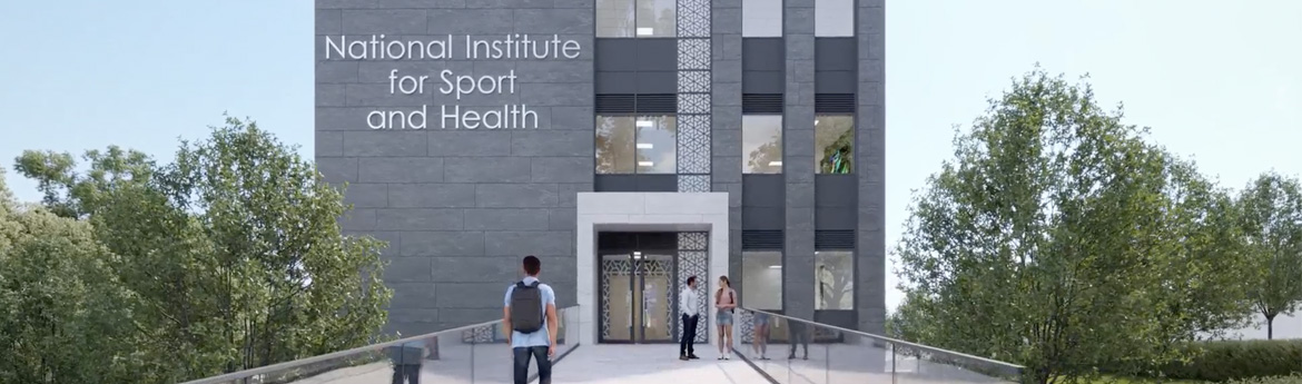 A computer-generated image of the front of the National Institute for Sport & Health (NISH) building