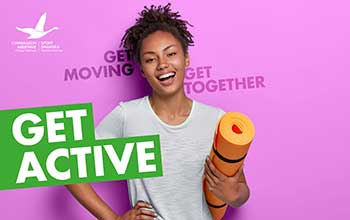 Get Active programme poster - young female in white T shirt against pink background holding yoga mat