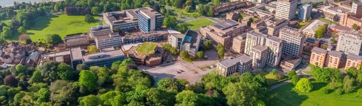 Aerial view of singleton campus with the sea in the background.