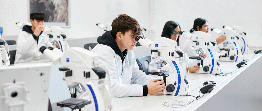 Students in lab on microscopes