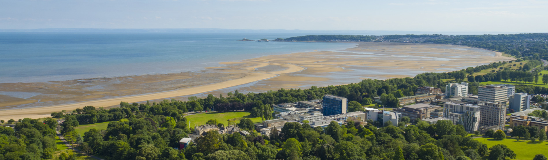 Aerial view of Swansea University's Singleton campus and Swansea landscape
