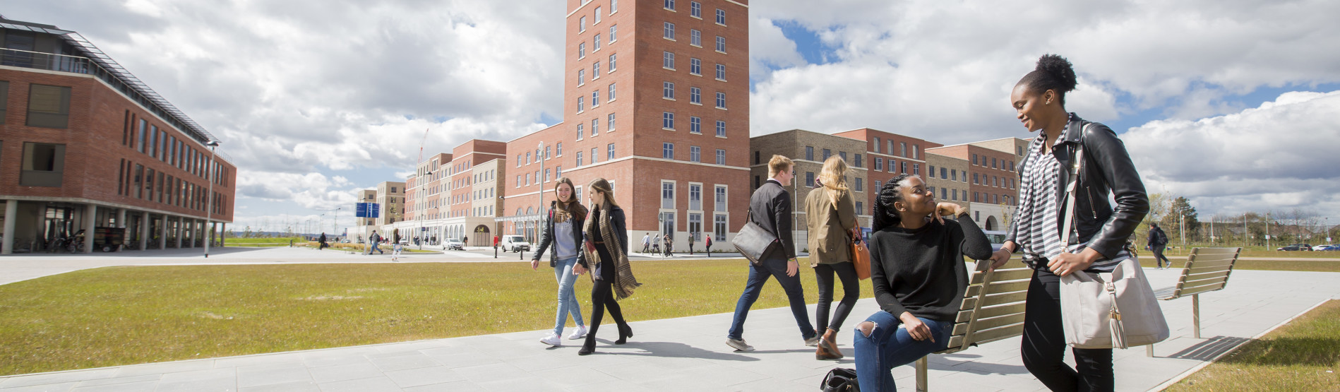 Students walking through Bay campus