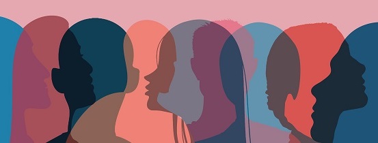 silhouettes of heads in pink and blue