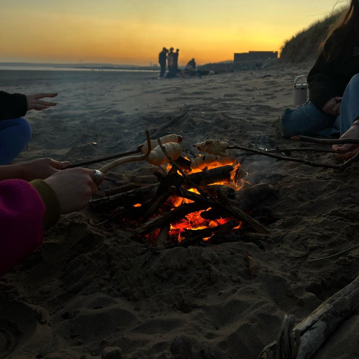 Students roasting marshmallows on the beach over a camp fire. 