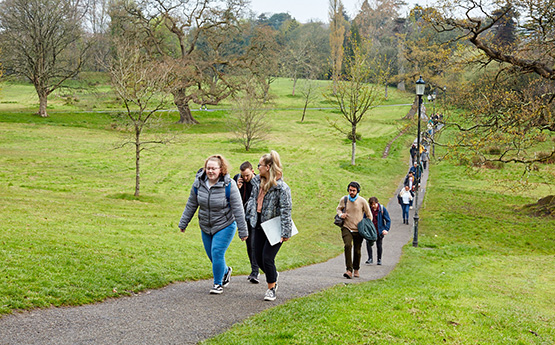 Swansea University students walk up the hill in Singleton Park towards campus.