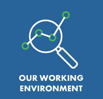 An icon to depict our working environment. A white outline of a magnifying glass with a line through in a blue square. 