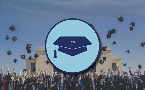 An icon depicting a mortar board appears in front of graduates throwing their hats in the air