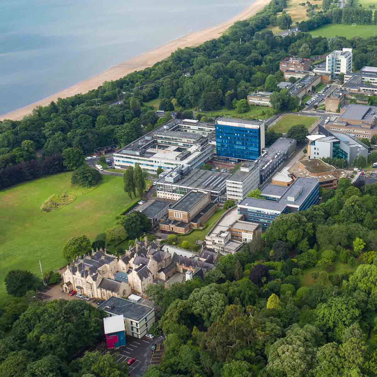 An aerial shot of campus