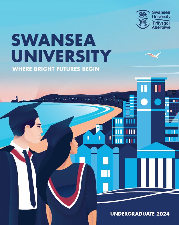 Graphic of two students in graduation cloaks looking over Swansea Skyline
