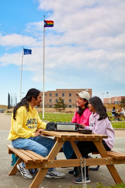 three students talking at a picnic table