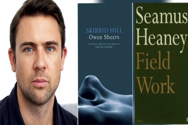 Photo of Poet Owen Sheers and book covers of Skirrid Hill and Field Work