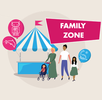 illustration of a family walking in a fair with the words 