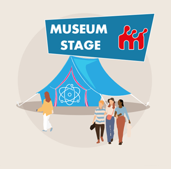 People standing in front of a tent with a flag showing Museum Stage