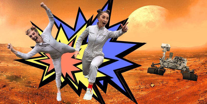 2 women jumping out of cartoon explosion on Mars.