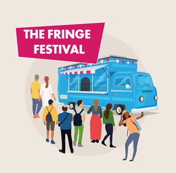 illustration of a family walking in a fair outside a food van with the words 