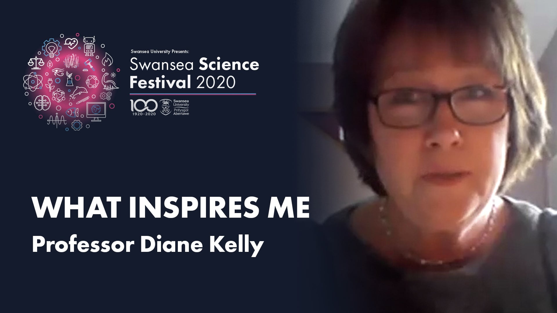 What inspires me an imae of Diane Kelly overlaid onto the Swansea Sci Fest Background